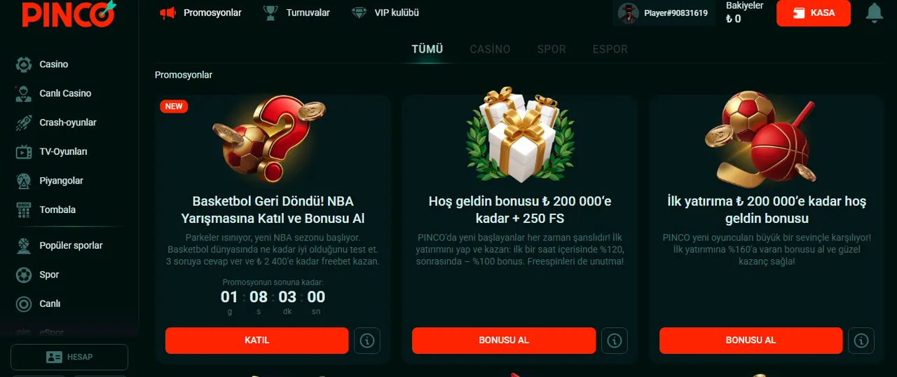 Pinco bonuslar ve özel promosyonlar: teklifler ve çevrim şartları Pinco bonuslar ve özel promosyonlar